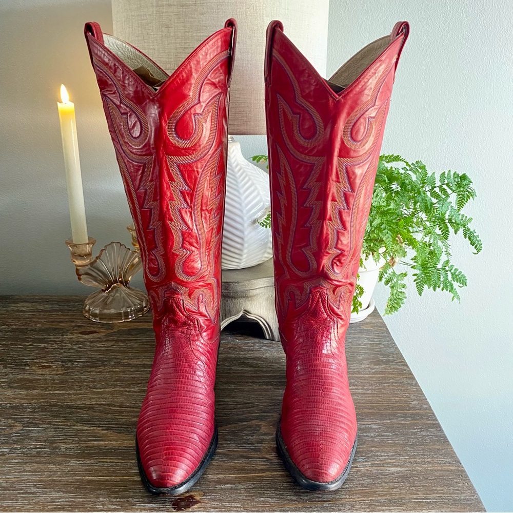 Vtg LARRY MAHAN 80s Exotic Lizard Tall Western Cowboy Cowgirl Boots 8 B Red